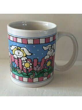 Spring Bunny Bunnies Pink Floral Flower Handcrafted Ceramic Coffee Cocoa Mug